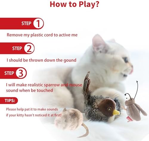 PETGEEK Gigwi Simulated Chirping Bird Cat Toy, Fake Interactive Cat Toys for Indoor Cats, Feather Toy with Hanging Loop for Bored Indoor Adult Kittens Interactive Play (Bird Mouse Cricket)