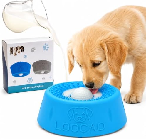 Slow Feeder Dog Bowls, with Interactive Lick Ball Non-Slip Dog Bowl to Slow Eating, for Yogurt, Peanut Butter, Bone Broth, Canned Dog Food & Liquid Supplements (Blue)