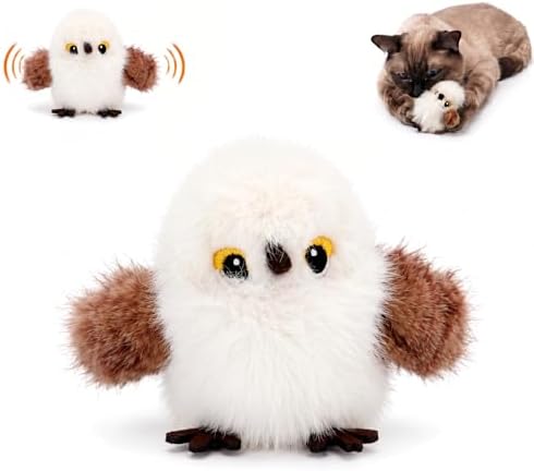 Flapping Bird Cat Toy, White Sparrow Plush Touch Activated Bird Chirp Cat Toy with Refillable Catnip, USB Rechargeable Interactive Kitten Exercise Toy,4.92"(No Flying)