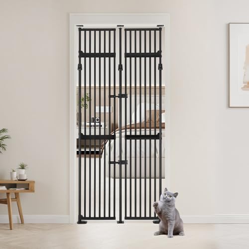 unipaws 86" High Extra Tall Cat Gate, Auto Closing and No Drilling, Black | Fit for 35"-38" Wide and 86"-98" Height Opening, Safety Gate for Doorway Hallway Stairs, Cat Dog Proof, Indoor Use