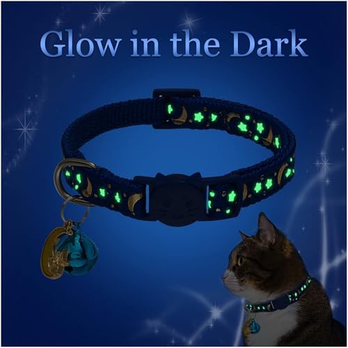 KOOLTAIL Glow in The Dark Cat Collar Breakaway with Bells,6 Pack Moonlight Cute Kitten Collars, Personalized Reflective Safety Buckle Stars&Moon Charm Pet Collars for Kitty Boys Girls, Pink Purple