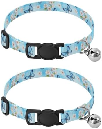 Blue Butterflies Cherry Blossoms Breakaway Cat Collars with Bell 2 Pack Pet Collar Adjustable 10.6 to 17.1 Inches