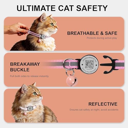 Breakaway Cat Collar QR Code, Reflective Bell, Adjustable Kitten Blue/Pink