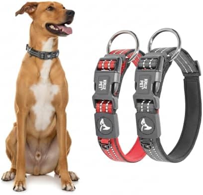 Dog Collar Bundle | Large Red (1", 21"-25") & Medium Black (3/4", 17"-21.5") | Reflective Adjustable Dog Collar with Soft Neoprene Padding & Heavy-Duty O-Ring | Durable Nylon Strap