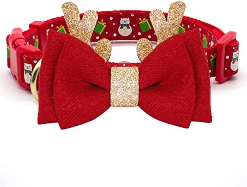 azuza Christmas Dog Collar Adjustable Xmas Dog Collars with Christmas Antler Bow tie Accessories Snowman Dog Collar for Medium Dogs