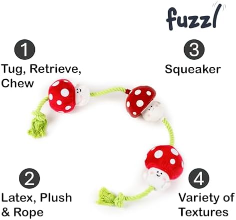 Fuzzl Tugga Magic Shrooms Dog Toy 75cm - Rope Latex and Plush Dog and Puppy Throw Fetch and Tug with Squeaker Mushrooms Enrichment