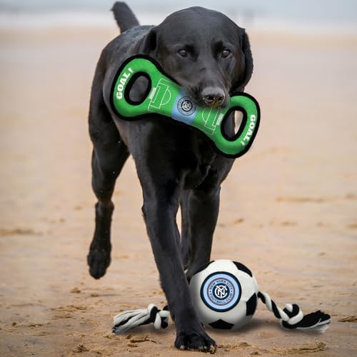 Pets First MLS New York City FC Soccer Field Tug Toy & Soccer Ball Rope Toy Set for Dogs - Officially Licensed Interactive Squeaky Rope Fetch & Chew Toys with Team Logo