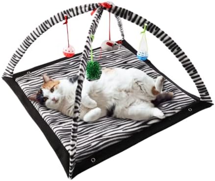 Ferret Play Mat Foldable Fleece Activity Center with Hanging Bell Balls Mice Toys Small Animal Cat Interactive Mat Tent Toy for Exercise Napping Easy Storage (Zebra)