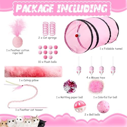Foilswirl 24 Pcs Cat Toys Set Interactive Kitten Toys Pack, Pink