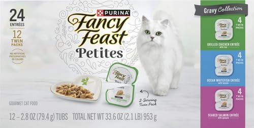 Fancy Feast Purina Gourmet Wet Cat Food Variety Pack,Petites Gravy Collection,Break-Apart tubs,48 Servings - 2.8 oz. Tubs,(Pack of 24)