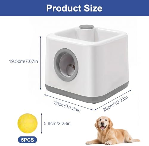 cjc Automatic Dog Ball Launcher,Interactive Fetch Toy for Small/MediumDogs,Pet Ball Thrower Machine for Outdoor Use with 5 PCS Balls,Adjustable Distance 20-40FT (Gray)