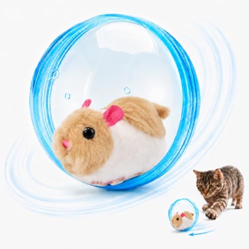 Self Rolling Interactive Cat Ball, Automatic Moving Cat Toy with Plush Animal Inside, 360° Rolling Cat Chasing Ball with Transparent Ball for Cats Dogs Small Pets (Blue,White/Brown Mouse)
