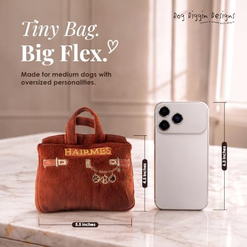 Dog Diggin Designs Hairmes Bag Plush Dog Toy – Squeaky Parody Fashion Dog Toy from Runway Pup Hairmes Collection, Soft Designer Style Toy for Small to Medium Dogs, Cute Interactive Pet Toy