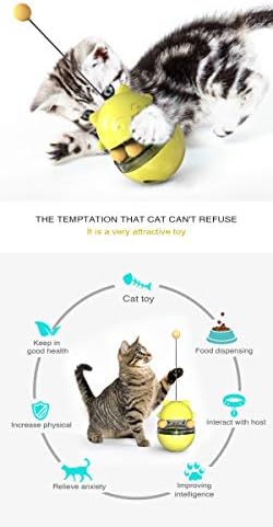 CYBERNOVA Interactive Wobble Cat Toy with a Teaser Wand, Built -in Treat Dispenser/Pet Puzzle Toy/Slow Feeder for Cats and Kitten (Yellow)