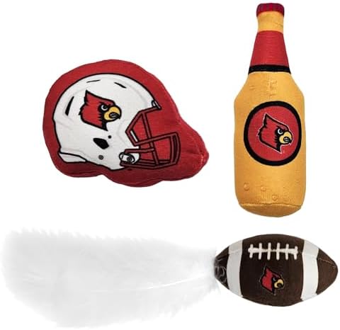 Pets First Best Plush CAT Toy NCAA Louisville Cardinals Complete Set of 3 Piece Cat Toys Filled with Fresh Catnip. Includes: 1 Helmet Cat Toy, 1 Football Cat Toy with Feathers & 1 Beer Bottle.