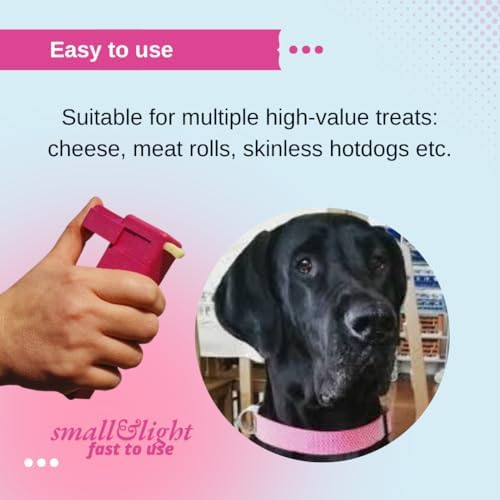 Handheld Dog Treat Dispenser, Offers a Treat (Max. diameter 3/4") in a Clean and Safe Way, Easy 1 Hand Operation, Slices Cheese, Meat Rolls etc. into Treats (Pink)