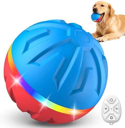 Casfuy Durable Motion Activated 2 Speed Interactive Ball Dog Toy with Remote & LED Light, Blue