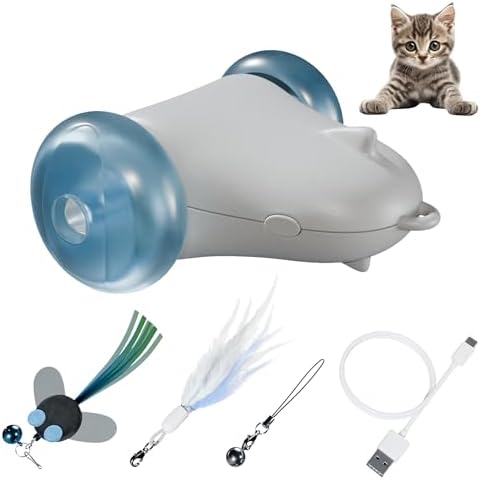 Rolling Rover – Interactive Cat Toy with RGB Wheels, Automatic Moving Mouse-Shaped Design, Feather Butterfly and Bell Attachments, Smart Motion Activated for Indoor Cats & Kittens (Blue)