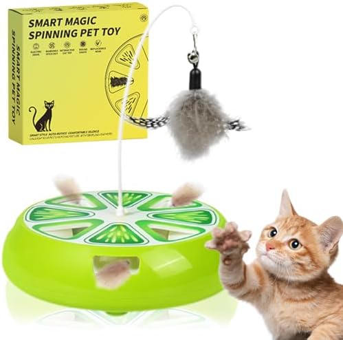 Puffluv Interactive Cat Toy,2 in 1Fruite Shape Toys with Electric Moving Concealed and Hanging Feathers Pop and Play Hide Seek, Hunting Tpye-C Rechargeable-Green Lime