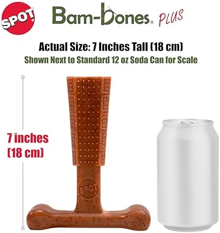 SPOT Bam-Bones Plus T Bone - Bamboo Fiber & Nylon Dog Chew Toy for Moderate to Aggressive Chewers, Non-Splintering, Long-Lasting, 7in Beef Flavor, for Adult Dogs & Teething Puppies Under 90lbs