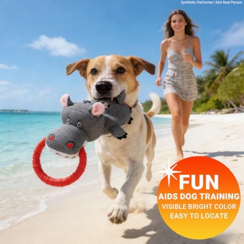 Tug of War Dog Toy - Rubber & Cotton Rope Toys for Dogs, Large Double Ring Dog Tug Toy,Interactive Dog Toys for Small Medium Large Dogs(Hippo)