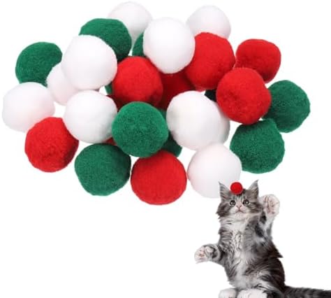 Cat Toy Pom Ball, Interactive Cat Ball Toys Fuzzy Pompoms (Plush, 1.2Inch, 30Pcs, Christmas Colors) for Kittens Pet Enrichment Training Play Indoor