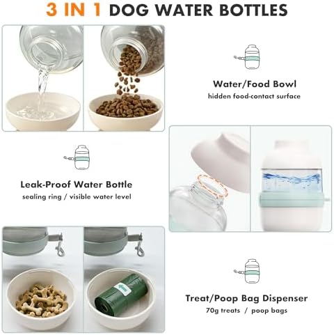 3 in 1 Dog Water Bottle with Crossbody Strap, Portable Dog Travel Water Bottle with Treat & Poop Bag Dispenser for Small Dogs Walking Hiking(Mint Green)