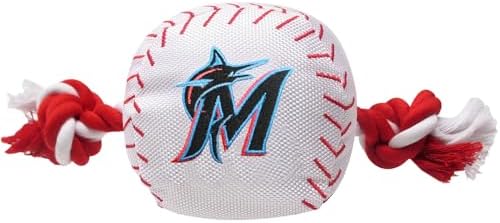 Pets First MLB Miami Marlins Baseball Rope Toy for Dogs & Cats. Tough Nylon, Sporty Baseball Design, Heavy-Duty Ropes with Inner Squeaker
