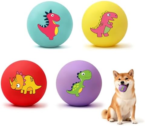 Small Squeaky Balls, [4 Pack] Soft Latex Squeaky Dog Ball Toys, Funny Dinosaur Interactive Dog Balls, Puppy Teething Chew Toys for Mini & Small Dogs (2.4"-Set B)