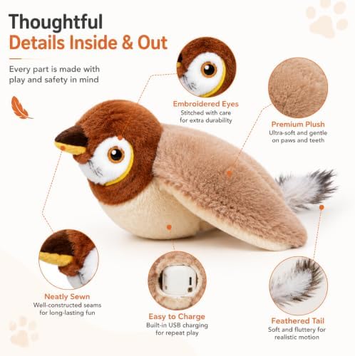 Tweetpaw Cat Toy with 3 Flapping Modes and Catnip, Realistic Chirping Sound, Rechargeable Interactive Toys for All Breeds Cat，Brown