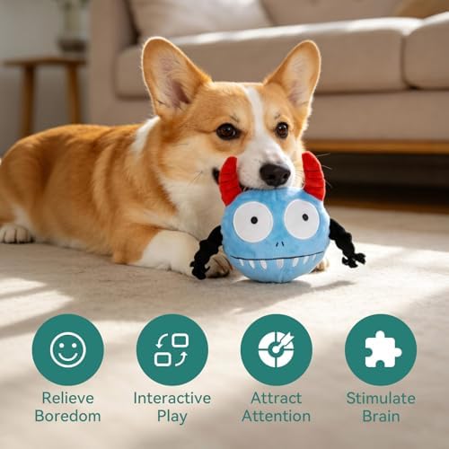 Enjoying Dog Interactive Toy, Engaging Squeaky Ball Toys for All Dogs Playtime, 2-in-1 Dog Plush Squeaky Ball for Playing, Squeak Dog Toy with Plush Cover, Adorable Grin Monster