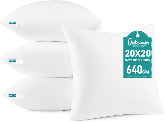 Oubonun 20 x 20 Throw Pillow Inserts Set of 4 | Soft, Plush & Decorative Down Alternative Pillows for Couch Sofa Bed, Machine Washable - White, Pack of 4