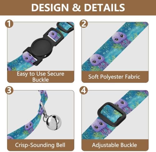 Cute Jellyfish Turquoise Purple Comfortable Cat Collar, 2 Pack Kitten Collar with Bell
