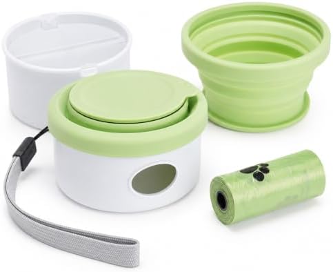 3-in-1 Portable Dog Travel Bowl, Foldable Silicone Pet Walking Container with Treat Storage & Poop Bag Dispenser, Comes with 1 Roll of Poop Bags, Ideal for Hiking, Camping, and Travel, Gray Green.
