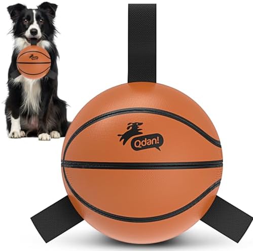 QDAN Dog Basketball Toys, Dog Balls with Straps for Tug of War, 6 Inch | Dog Water Toy Pool Toys for Small Medium Dogs, <60 lbs Puppy Toys, Training Herding Balls for Outdoor, Puppy Birthday Gifts