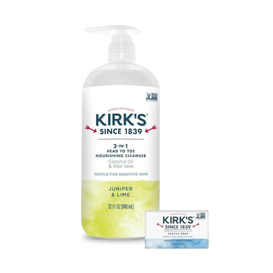 Kirk's 3-in-1 Castile Liquid Soap Travel Size Bar Soap (1.13 oz.) | Head-to-Toe Clean Shampoo, Face Soap & Body Wash for Men, Women & Children | Juniper & Lime Scent | 32 Fl Oz.