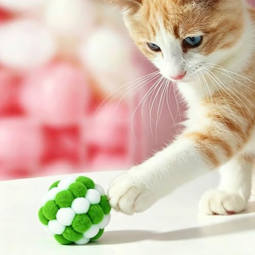 Cat Toy Balls with Crinkle Sound 3-Pack, 2-Inch Soft Plush Pom Pom Balls for Indoor Cats & Kittens, Colorful Fuzzy Interactive Chewing Toys for Hunting Playing, No Catnip