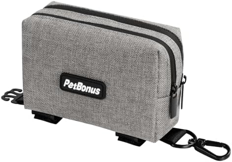 PetBonus Dog Poop Bag Holder, Portable Pet Waste Bag Dispenser, 2 Pouches for Treats and Walking Accessories, Fit All Leashes, Includes 1 Roll of Dog Poop Bags (Grey)