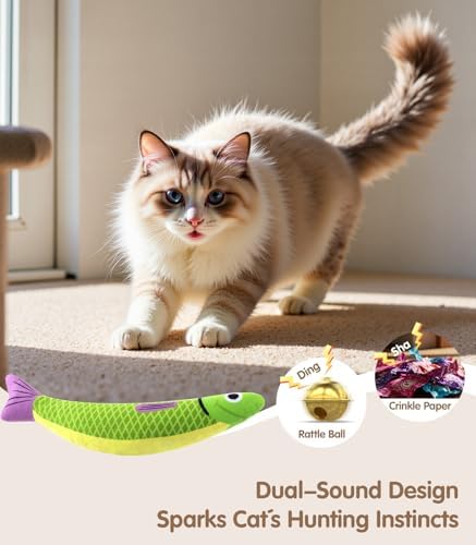 PetBusy Cat Toys with[5000mg A+Natural Catnip &Silvervine] [Baby Grade] Interactive Soft Chew Kicker Cat Toys for Indoor Cats & Kittens, [Crinkle &Bell] Fish Sound Toy, Drives Bored Cat Crazy with Fun