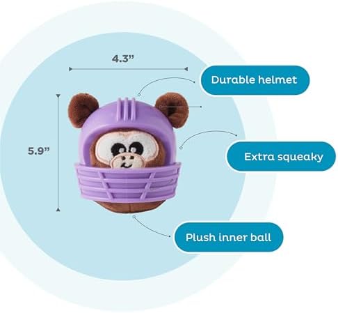 Outward Hound Helmet Headz Monkey Dog Toy, Plush Squeaky Fetch Ball, Durable Dog Toy for Active Play, Multicolored, Small