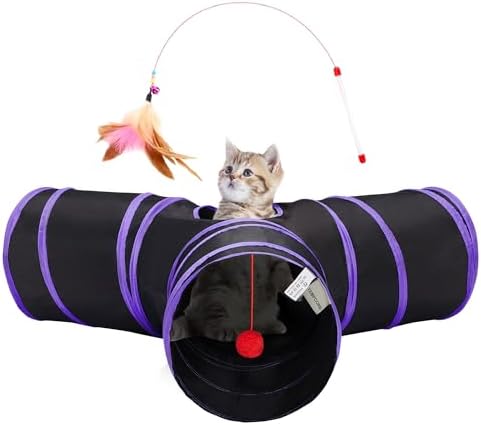 Tempcore Cat Tunnel, 3-Way Collapsible Toy for Indoor Cats, Black & Purple