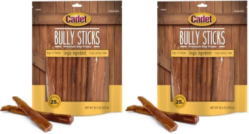 Cadet Bully Sticks for Small Dogs – All-Natural Beef Pizzle, High Protein, Low Fat, Long-Lasting, Grain & Rawhide-Free Dog Chews for Aggressive Chewers, Small (25 Count) (Pack of 2)
