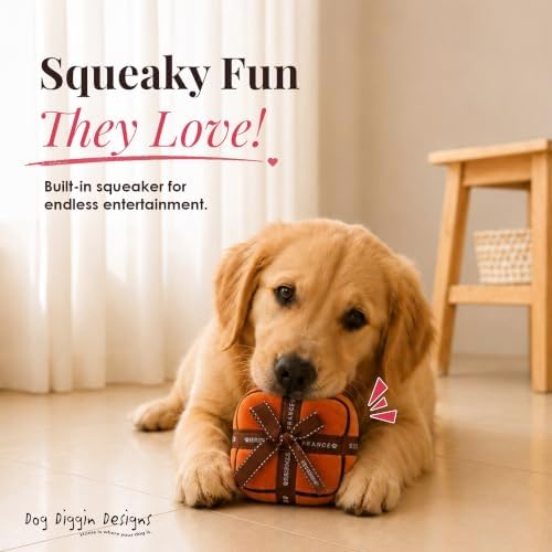 Dog Diggin Designs Hairmes Box Plush Dog Toy – Fashion Inspired Squeaky Parody Dog Toy, Soft Luxury Style Gift Box Toy for Small to Medium Dogs, Cute Interactive Pet Toy