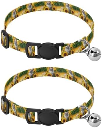 Orange White Cat Yellow Sunflowers Bell Collar 2 Pack Pet Collar Adjustable Length 10.6" to 17.1"