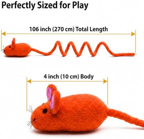 Glaciart One Felt Mouse Cat Toy – Soft Fuzzy Enrichment 100% Natural Wool - Interactive Catnip Play Cat Toy Set - Safe for Pets, Non-AZO Colored Dyes - 100” Long