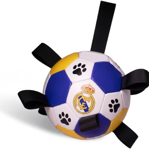 Interactive Dog Soccer Ball for Dogs, 6” with Straps & Grab Tabs, Floats on Water, Fetch & Training Toy for Small/Medium Dogs, Herding Breeds, Waterproof Non-Toxic – ProBall Pets – Real Madrid