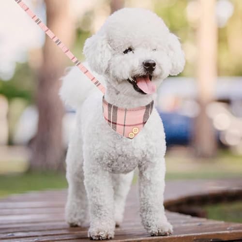 KOOLTAIL Pink Girl Dog Collar and Leash Set for Small Dogs with Bowtie and Bells - Cute Puppy Bandana Collar and Leash with Classic Plaid Pattern, Soft Leather Tangle Free Leashes for Small Dogs, S