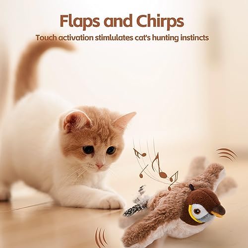 LIFLIX Flappy Bird Cat Toy for Indoor Cats, Simulated Chirping Flapping Wings Bird, Interactive Catnip Toys, Plush Kitten Exercise Toys (Brown Sparrow)