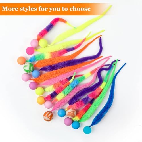 Bouncy Ball with Tail Cat Toys,5 Packs Rainbow Large Magic Worm with Ball Toy for Cats,Colorful Fuzzy Worm Bouncy Balls Cat Toy