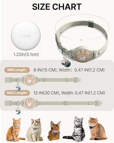 Cat Tracker Collar - Waterproof Airtag Cat Collar with Finder Tag, Khaki | Compatible with Apple Find My (iOS ONLY), Breakaway Tractive Design with Reflective Pattern & Bell (Not for Android Devices)